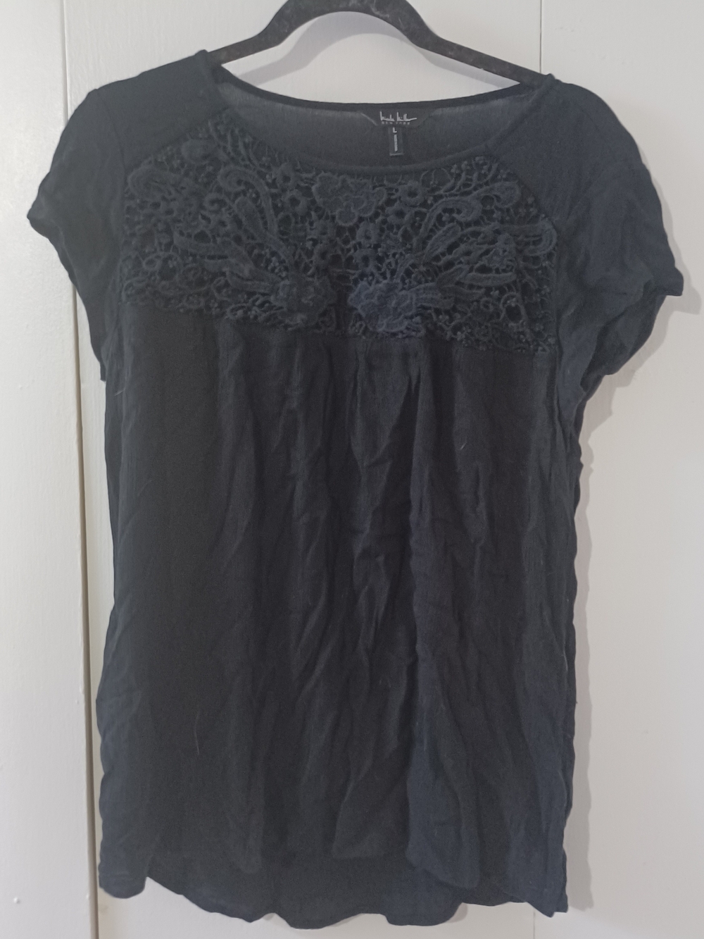 Nicole Miller Black Short-Sleeve Top with Lace Yoke
